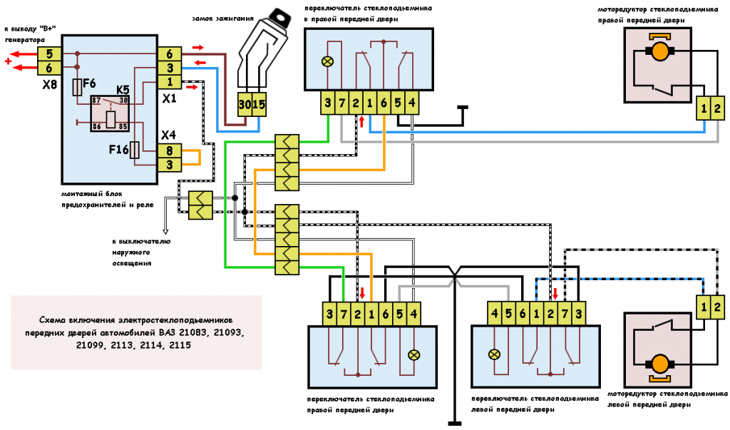 Схема подключения электростеклоподъемников 2114