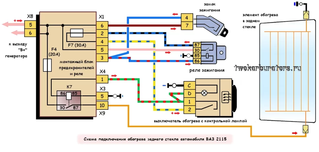 Обогрев заднего стекла ВАЗ 2115. Схема.