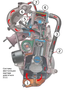 Подробная схема системы вентиляции картера двигателя 2111