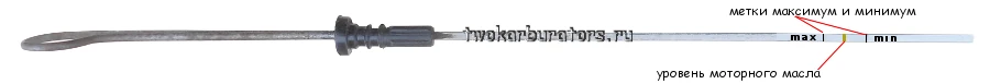 На снимке уровень моторного масла на щупе, метки минимума и максимума